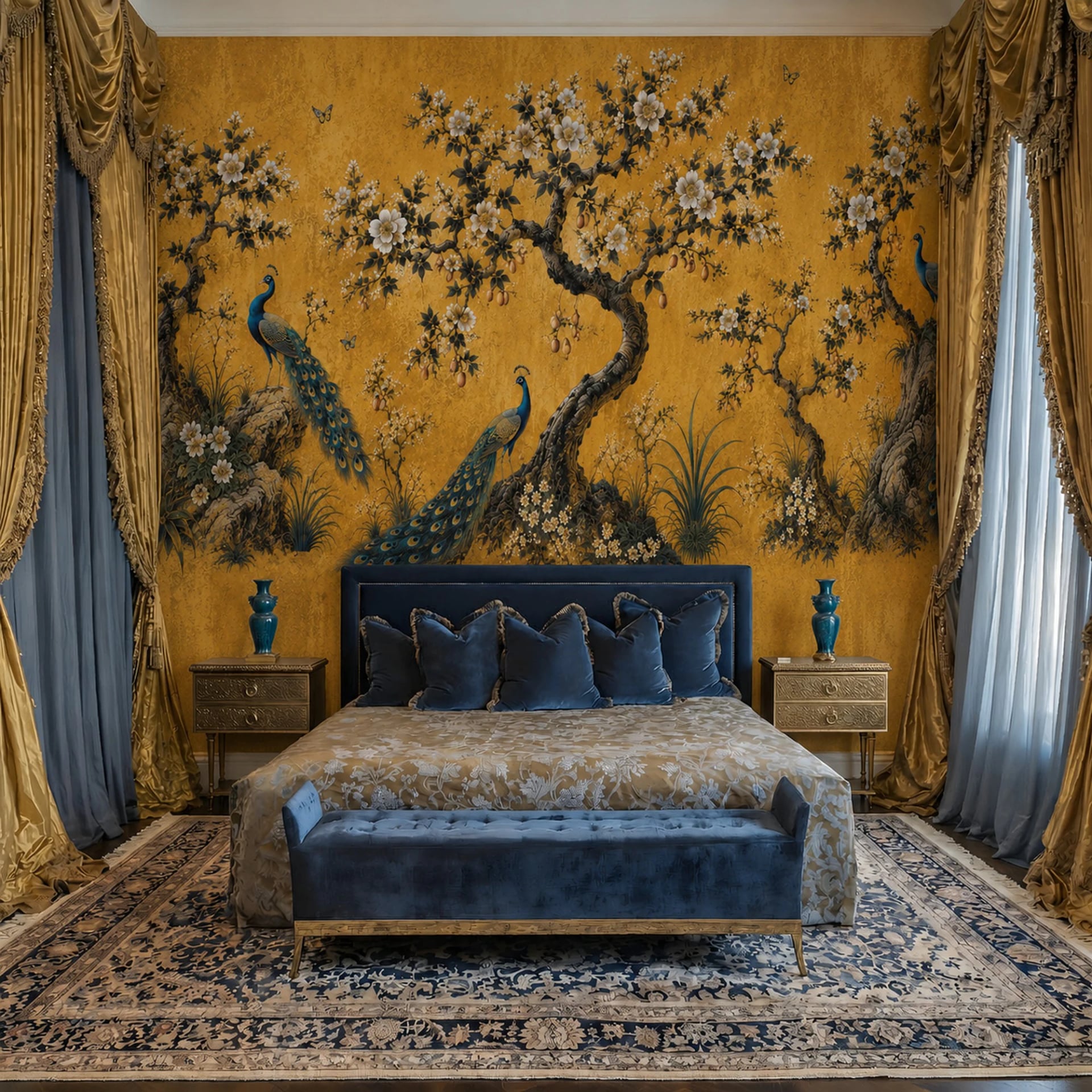 Gilded Peacock Blossom wall mural shown in a styled interior, view 2