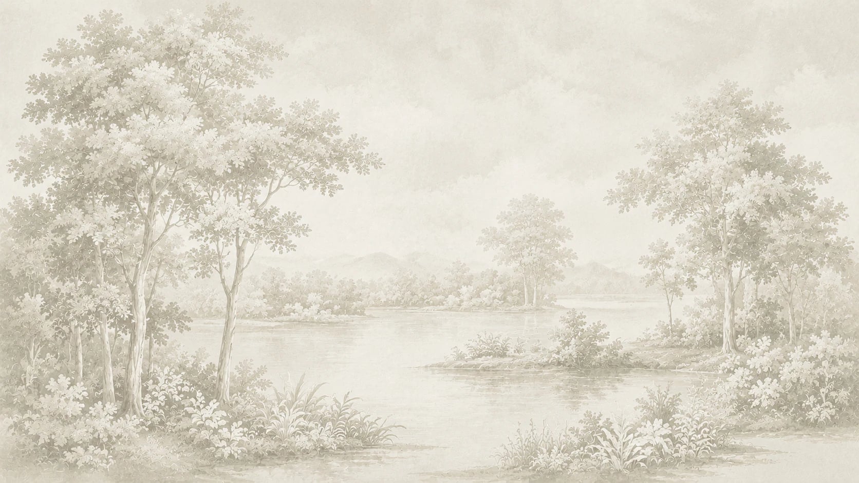 Grisalla de lago bucólico