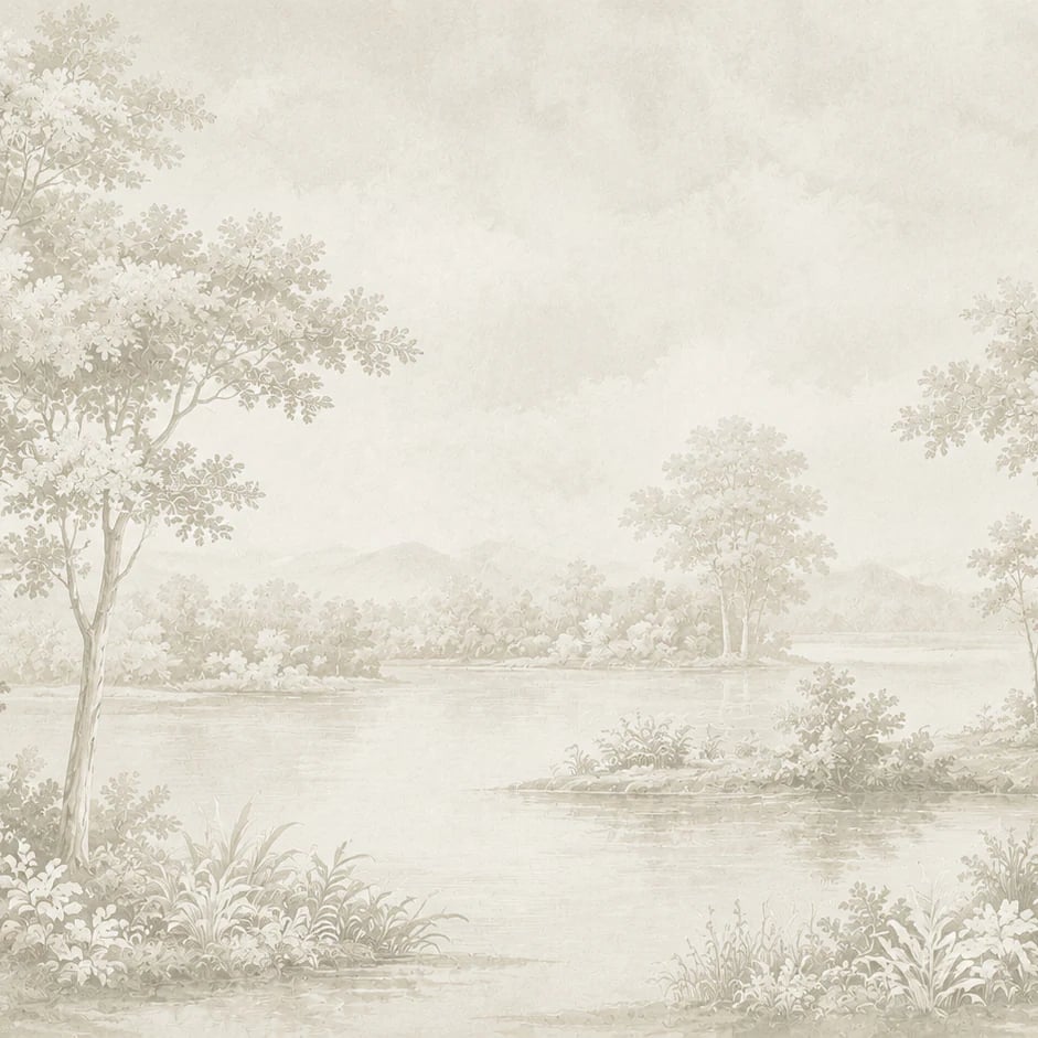 Gros plan sur le motif Grisaille pastorale au lac à l'échelle d'impression