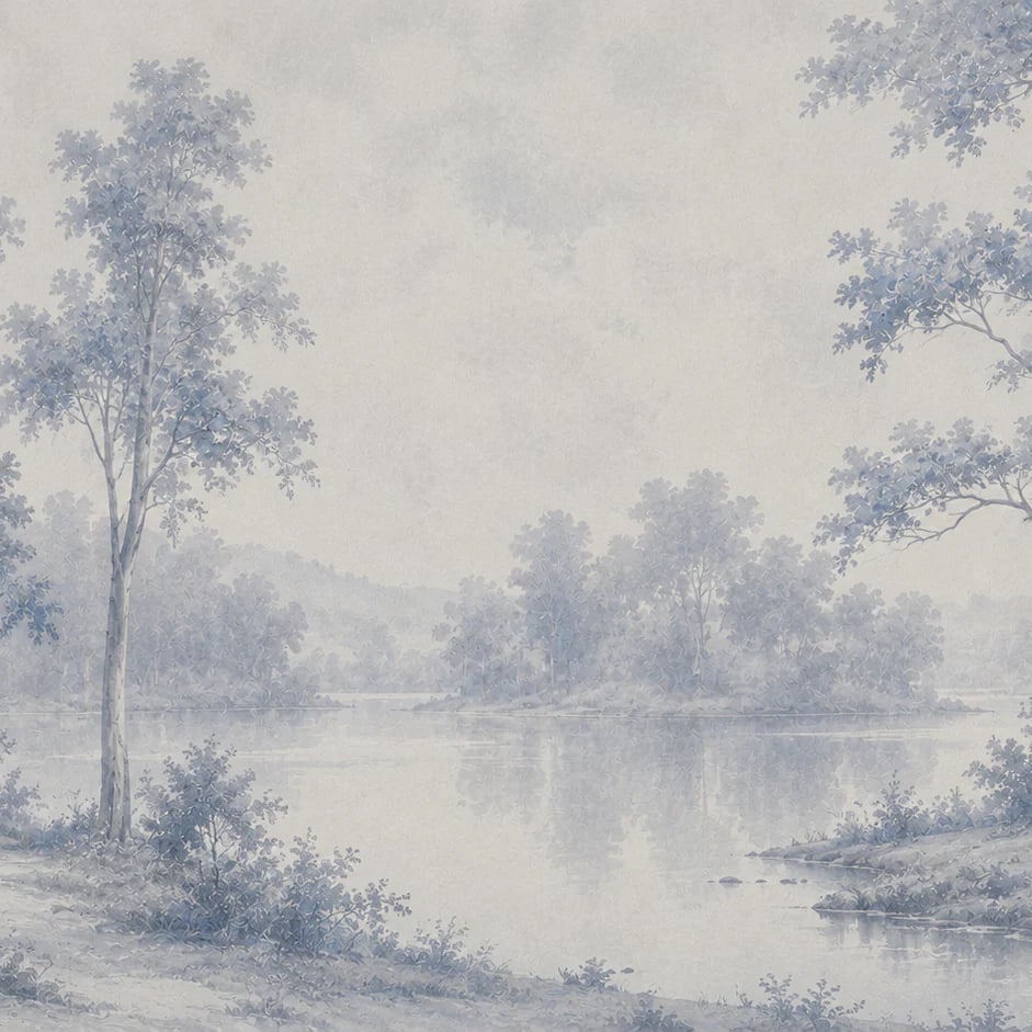 Primer plano del diseño Paisaje brumoso junto al lago a escala de impresión