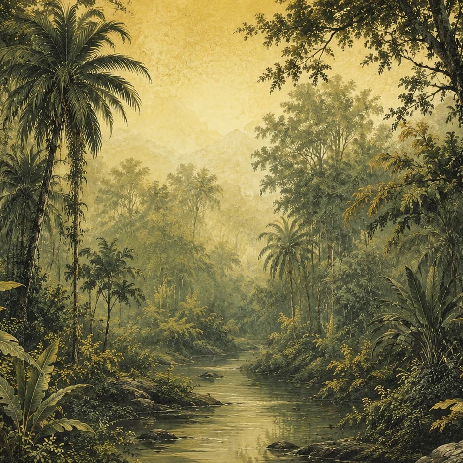 Primer plano del diseño Paisaje de río tropical a escala de impresión