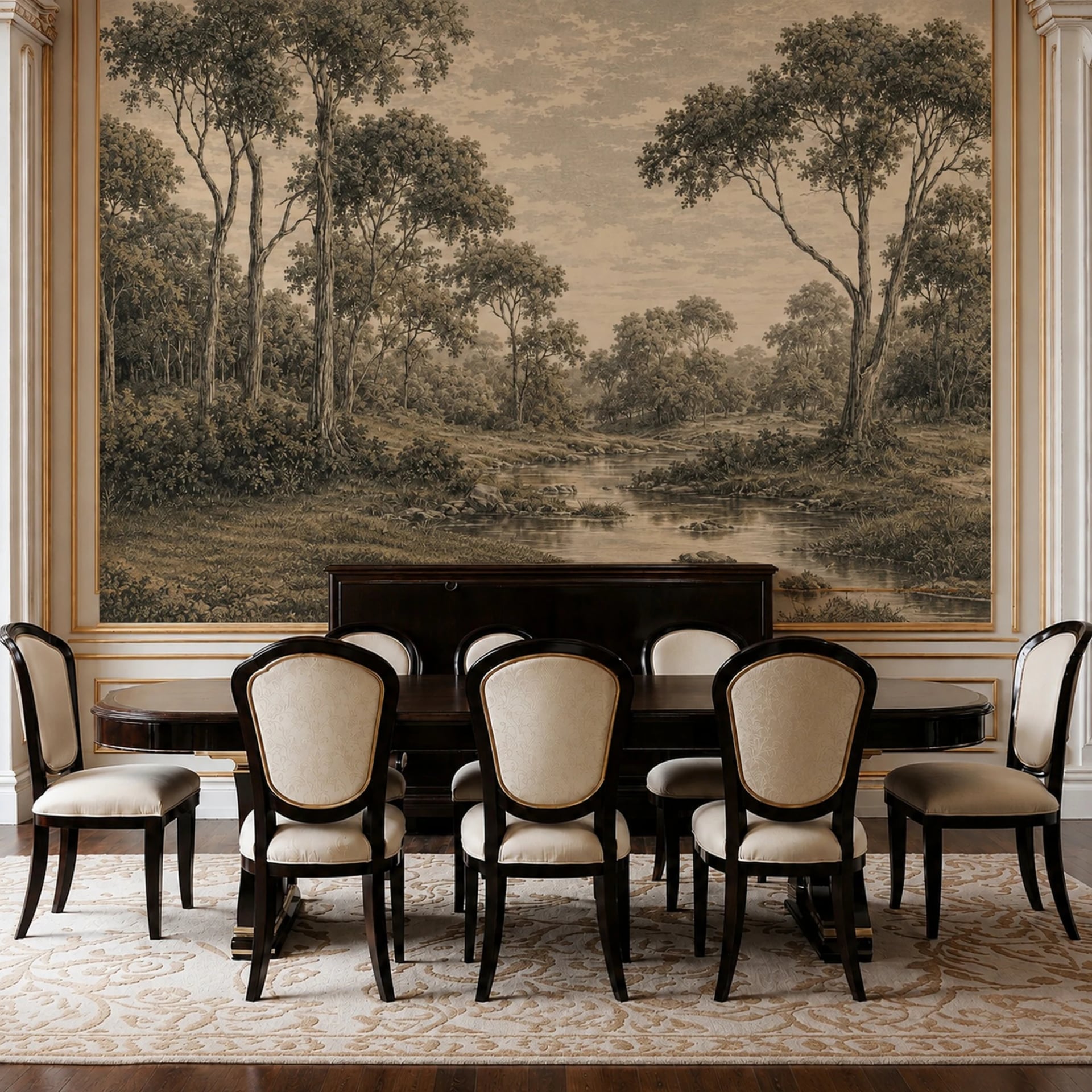 Woodland River Etching wall mural shown in a styled interior, view 1