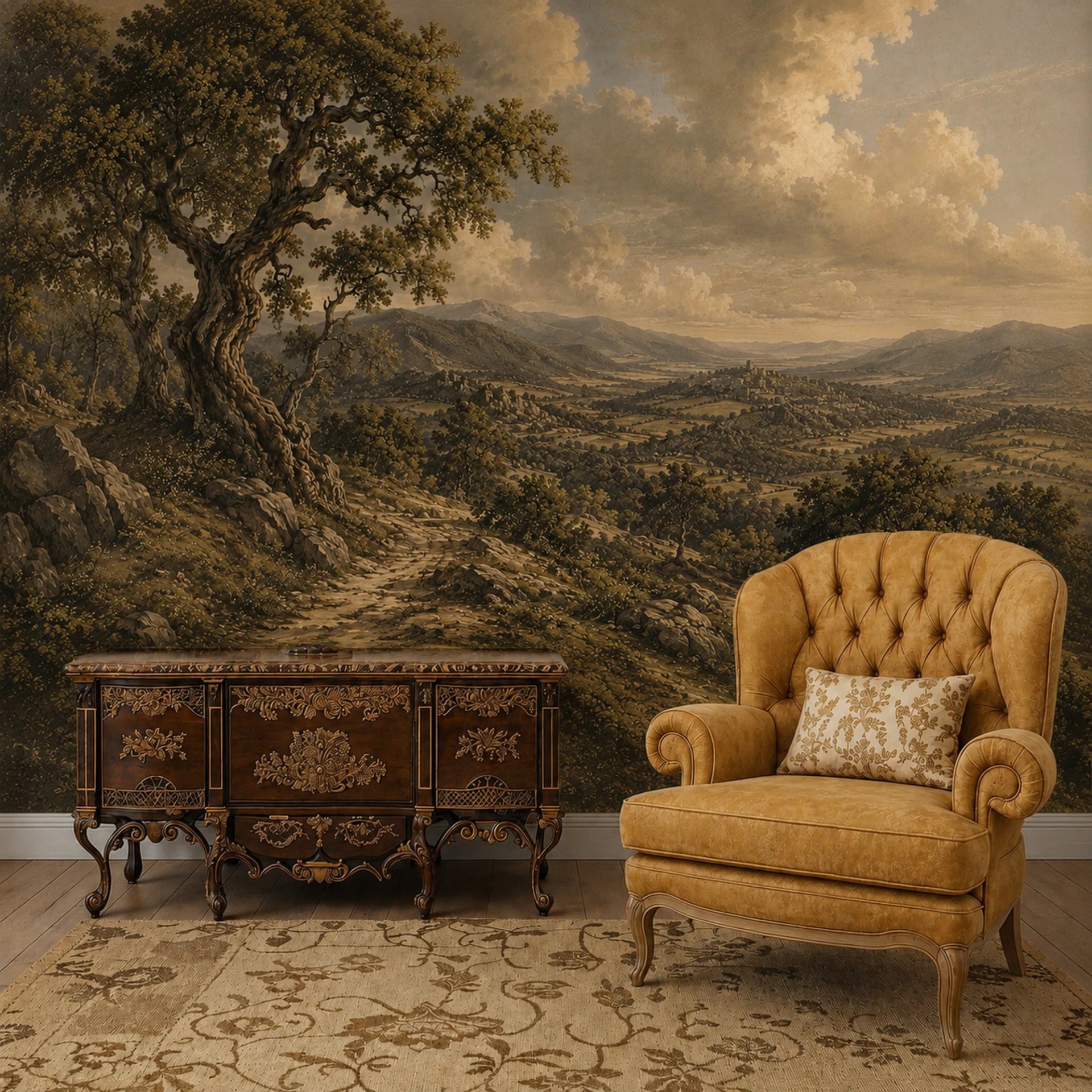 Fotomural Valle de los robles milenarios en un interior decorado, vista 2