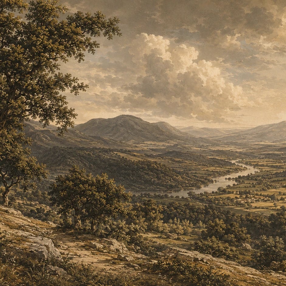 Primer plano del diseño Panorámica del valle fluvial a escala de impresión