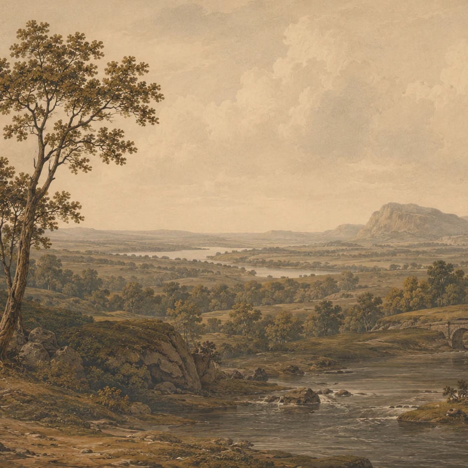Close-up of the Stone Bridge River Vista artwork at printed scale