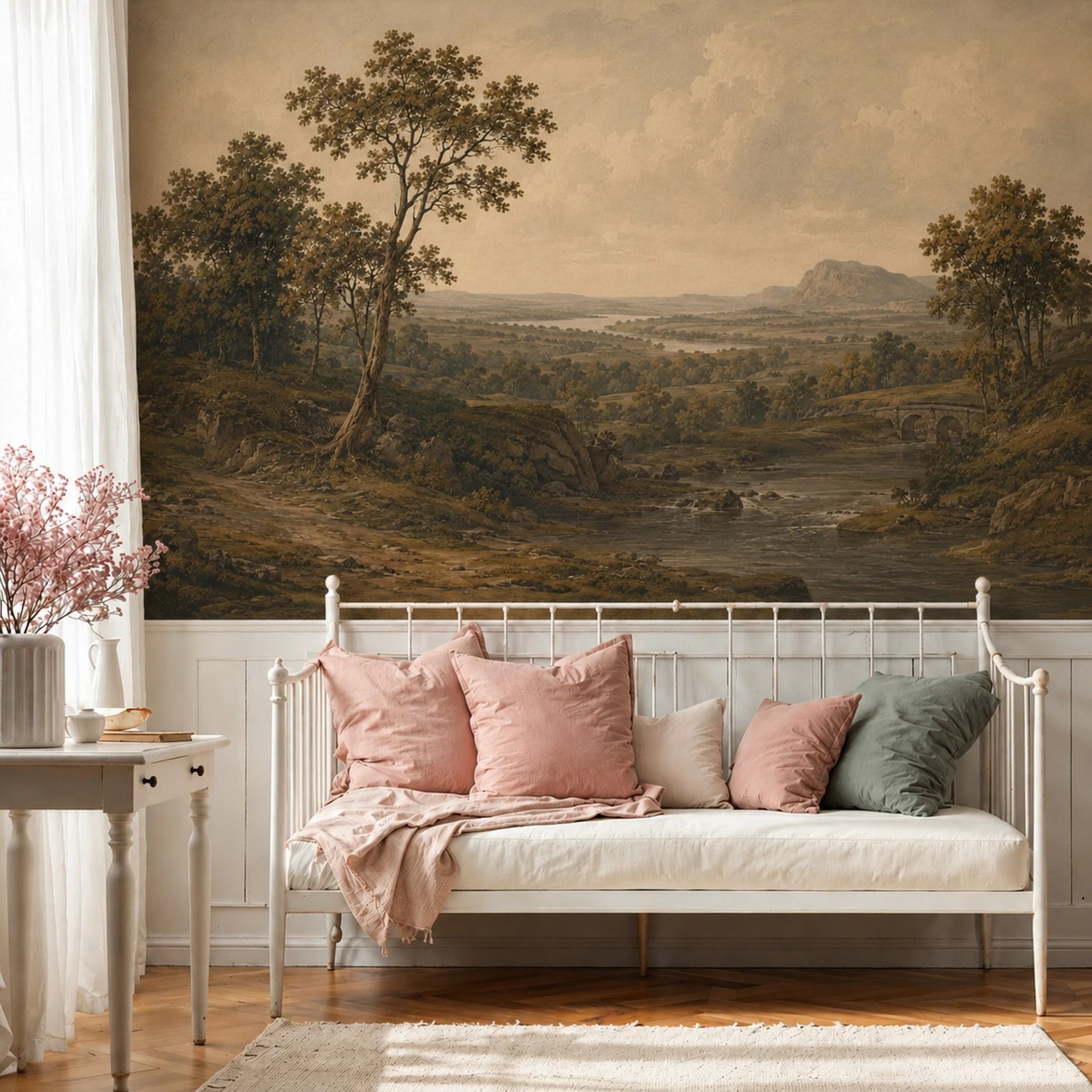 Stone Bridge River Vista wall mural shown in a styled interior, view 2