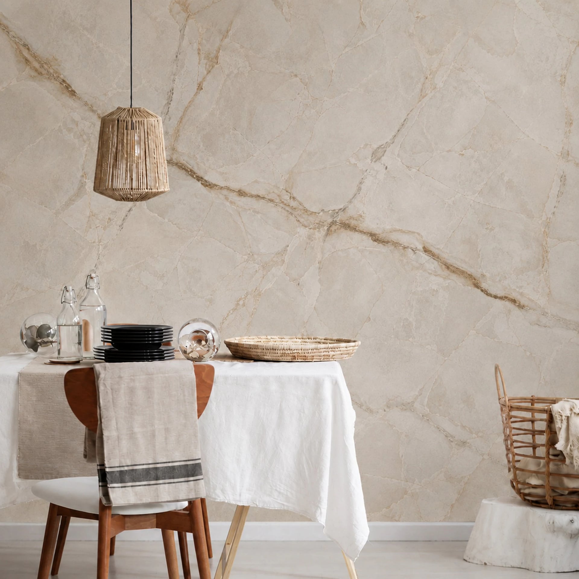 Crema Vein Marble wall mural shown in a styled interior, view 2