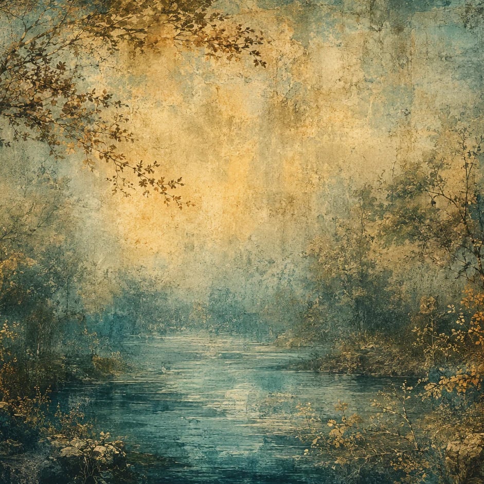 Nahaufnahme des Kunstwerks Nebeliger Flusswald im Druckmaßstab