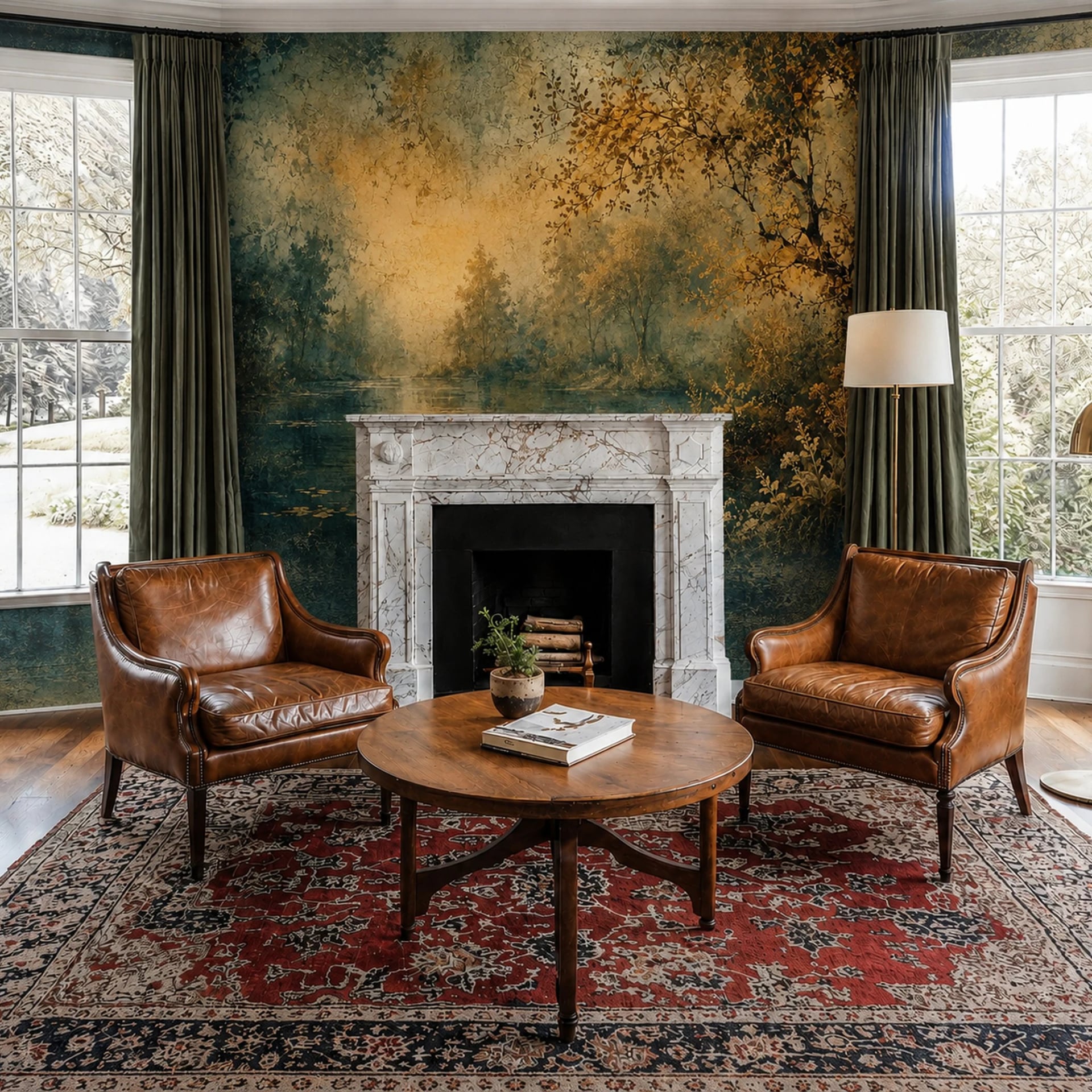 Papier peint panoramique Rêverie au lac doré présenté dans un intérieur décoré, vue 2