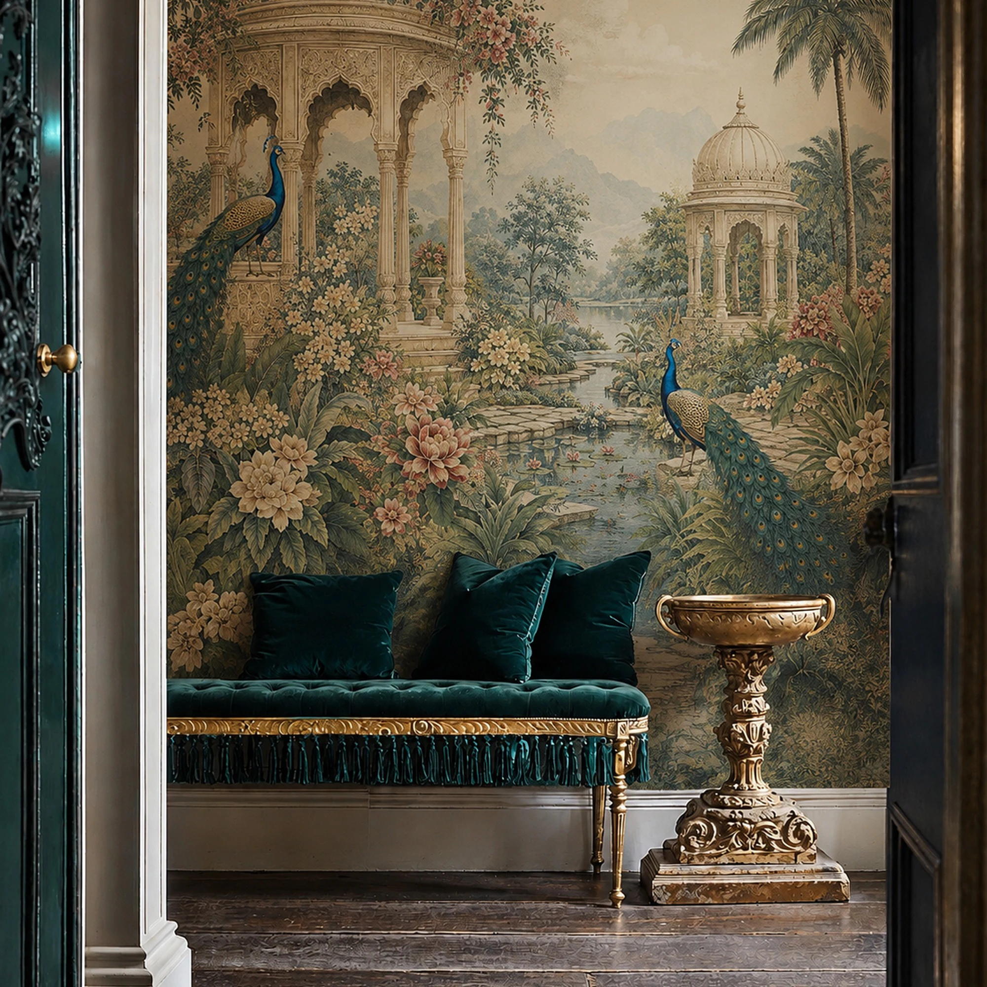 Peacock Palace Garden wall mural shown in a styled interior, view 2