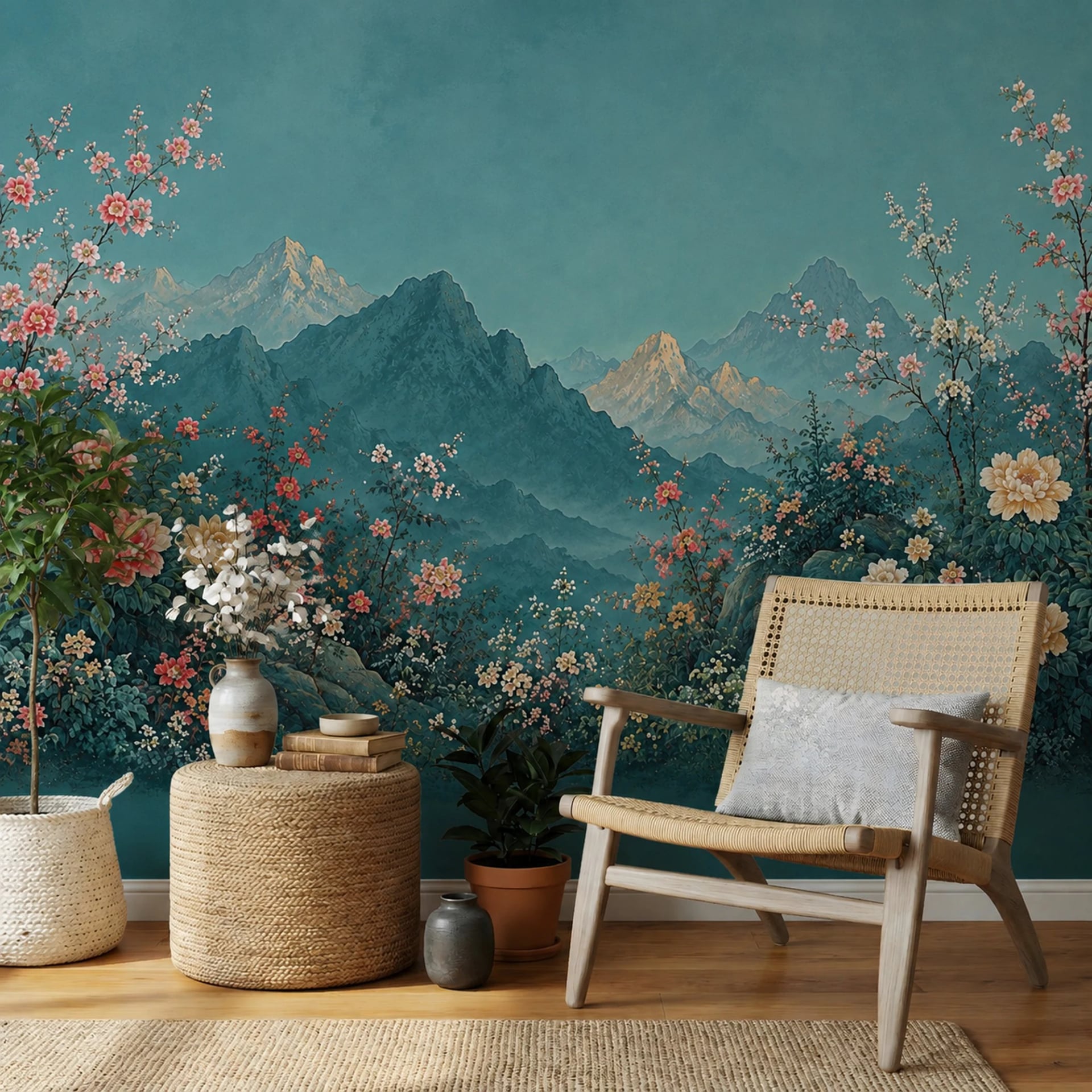 Mountain Peony Vista wall mural shown in a styled interior, view 2