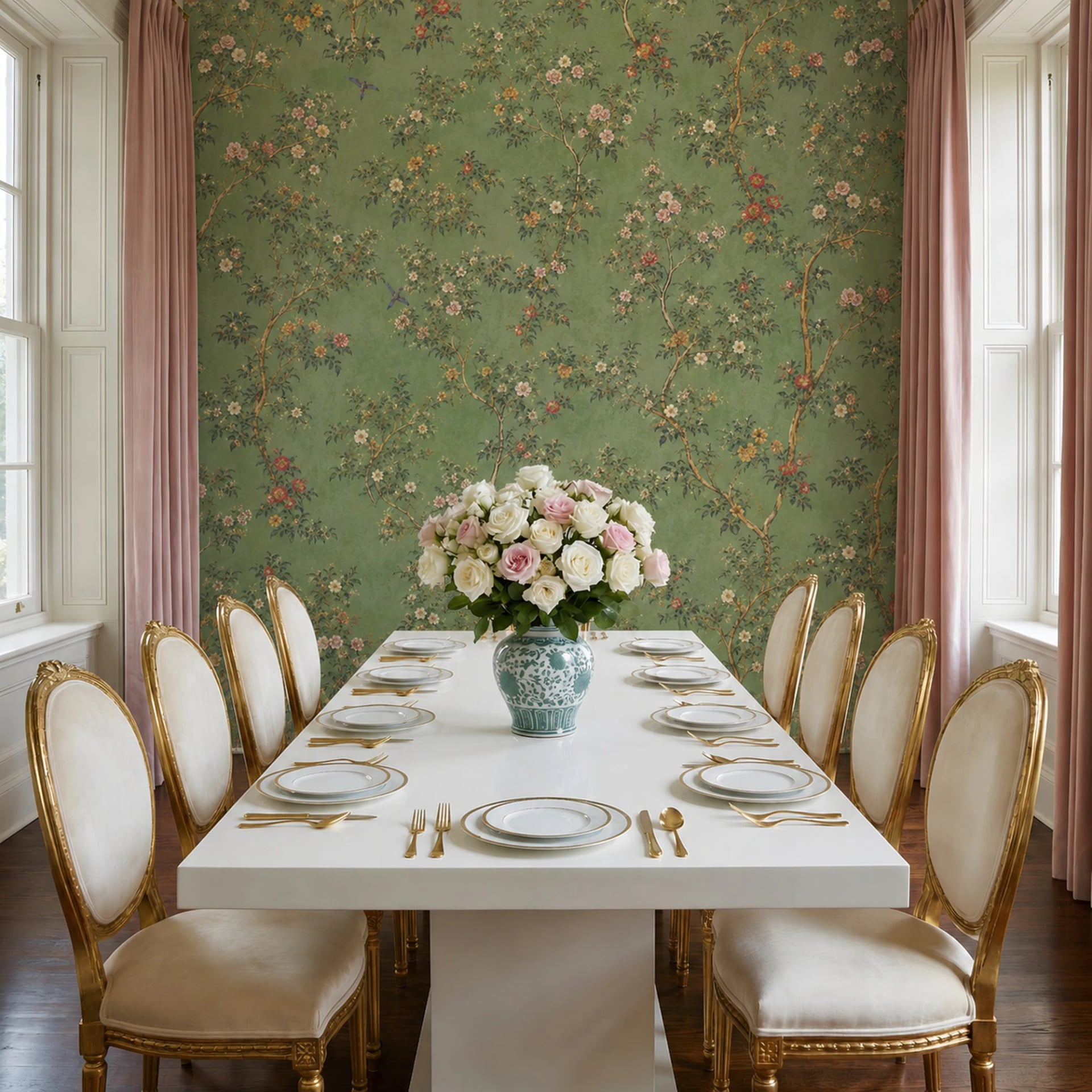 Fotomural Camelias verdes Chinoiserie en un interior decorado, vista 2
