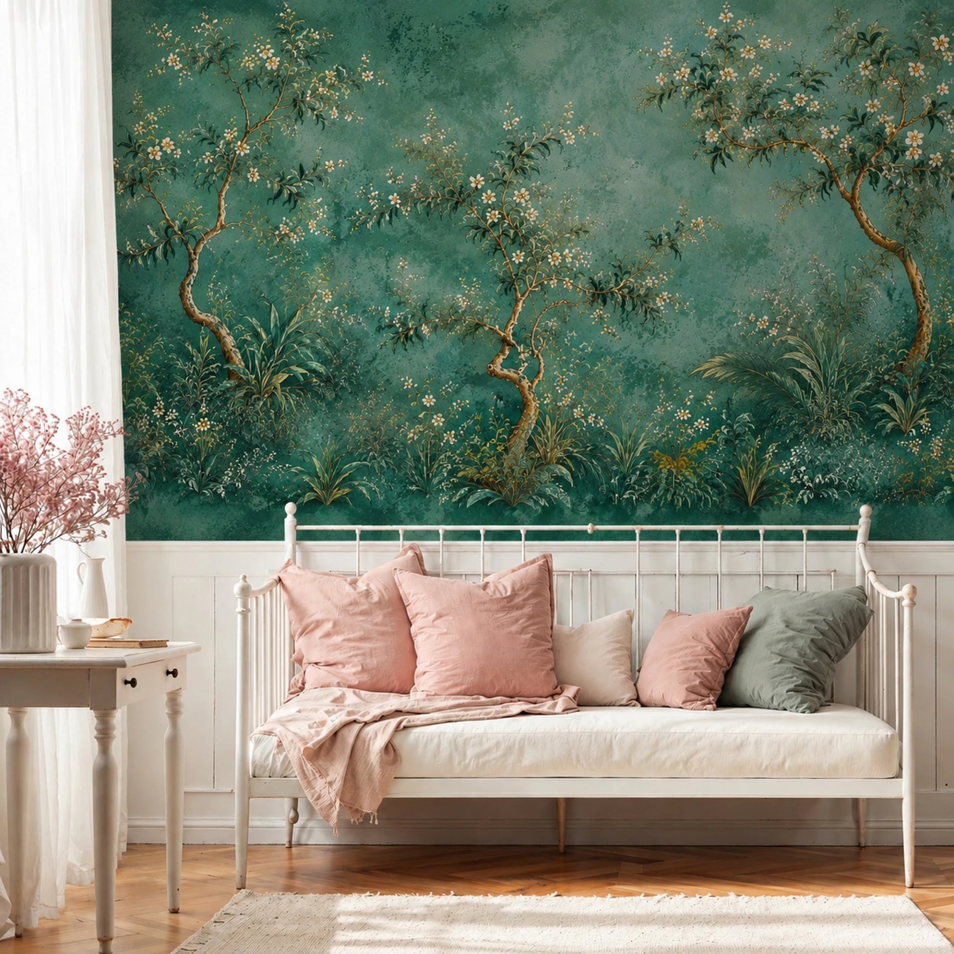 Papier peint panoramique Bosquet fleuri émeraude présenté dans un intérieur décoré, vue 2