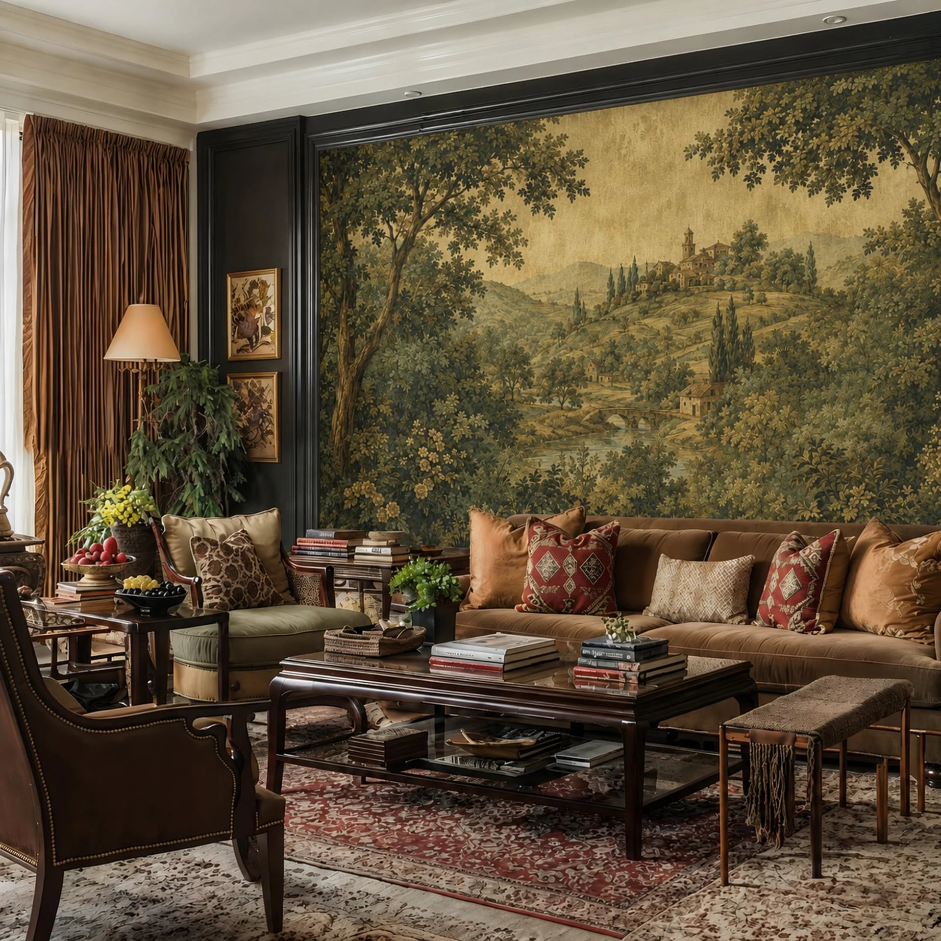 Tuscan Verdure Tapestry wall mural shown in a styled interior, view 2