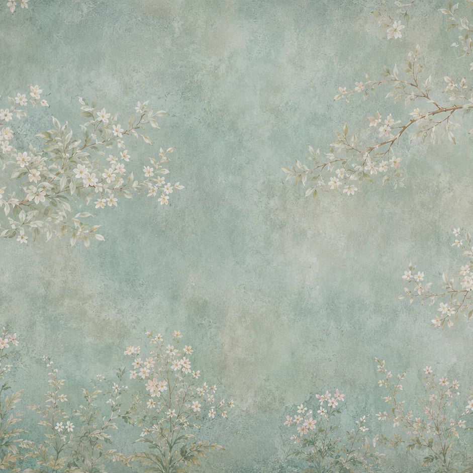 Gros plan sur le motif Fresque florale vert-de-gris à l'échelle d'impression