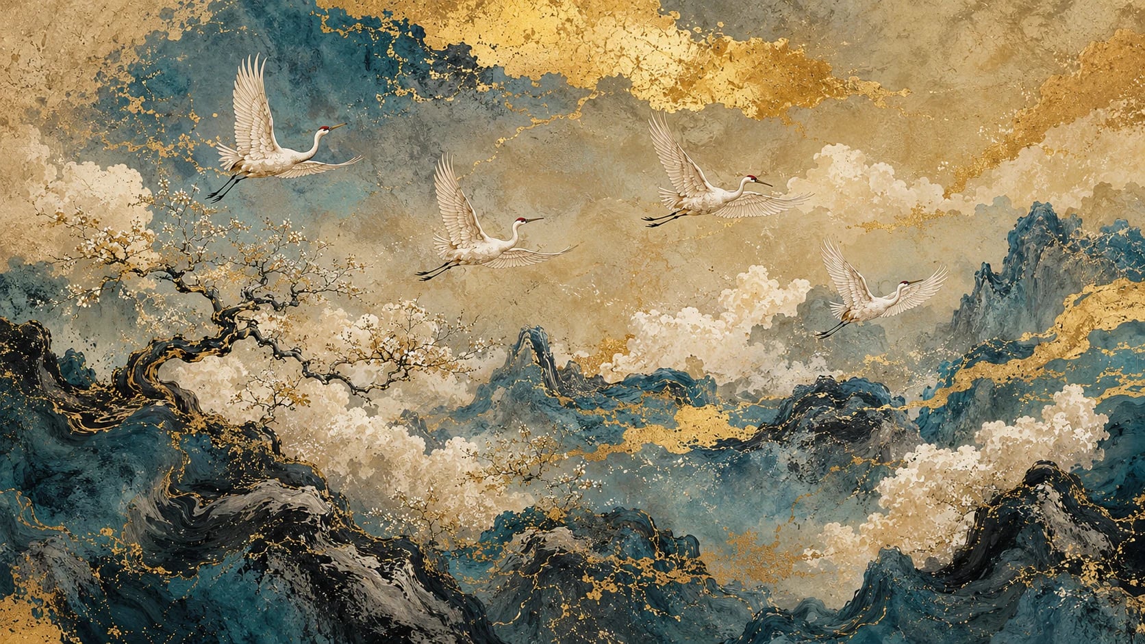 Grullas en la niebla dorada