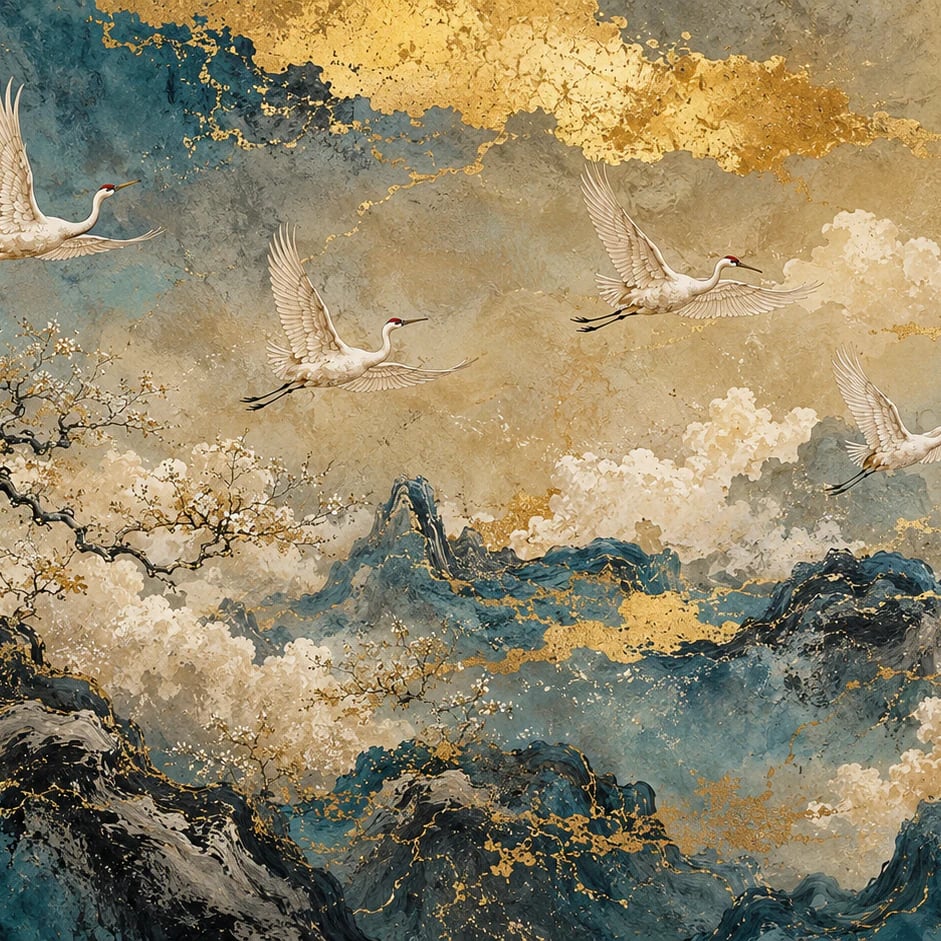 Close-up of the Golden Mist Cranes artwork at printed scale