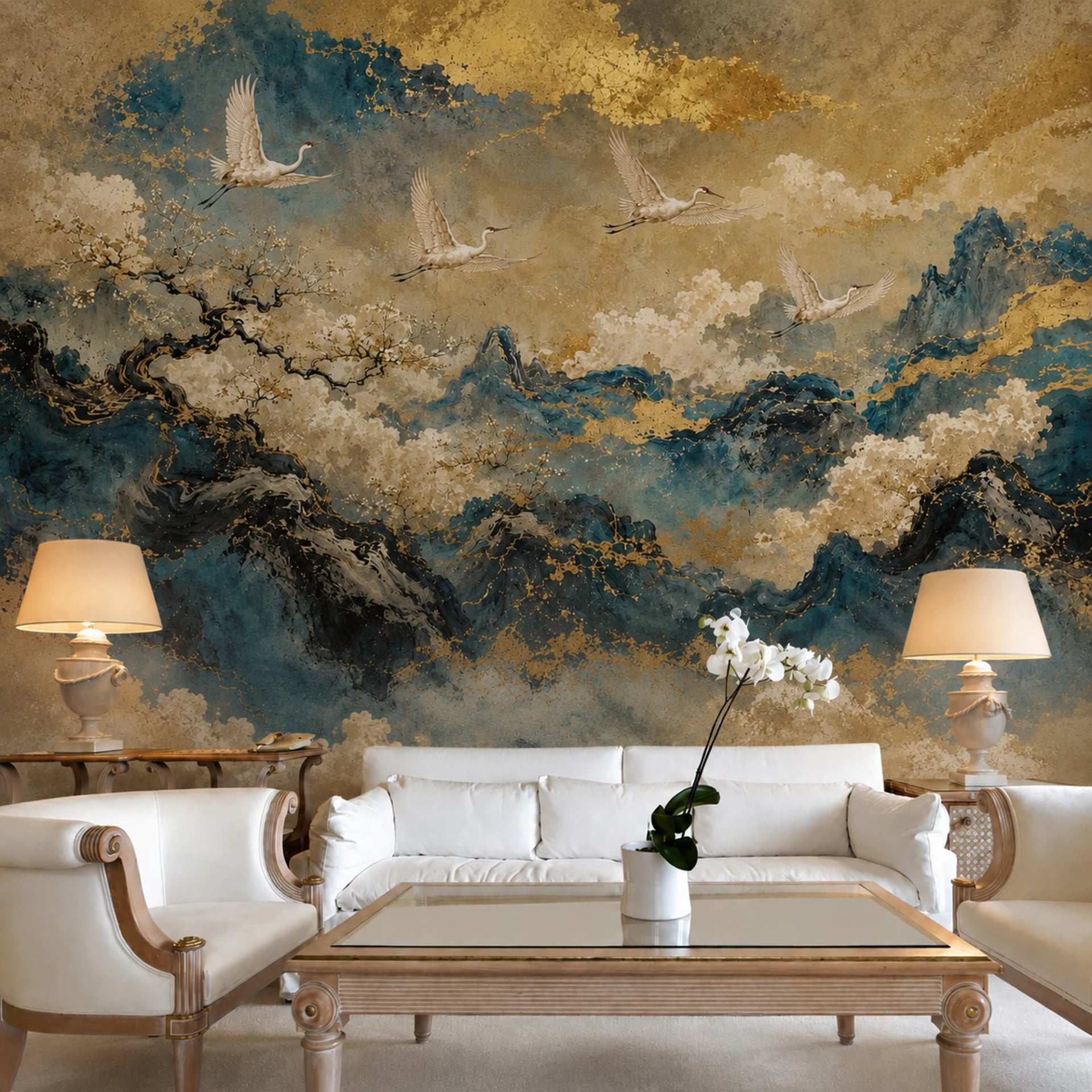 Golden Mist Cranes wall mural shown in a styled interior, view 2