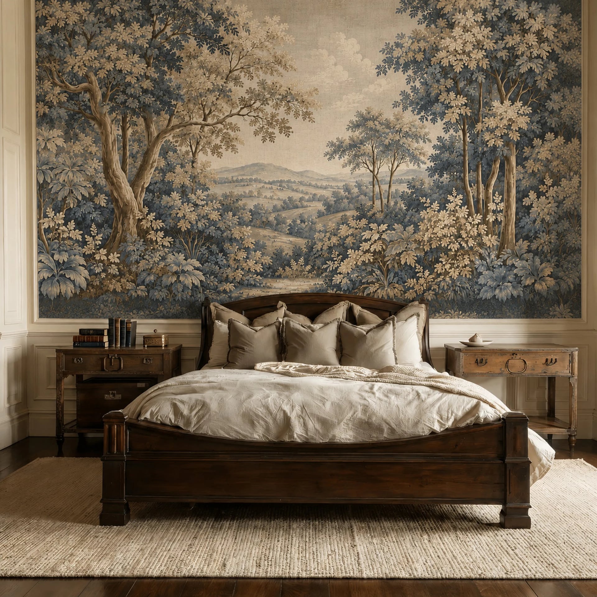 Blue Verdure Tapestry wall mural shown in a styled interior, view 2