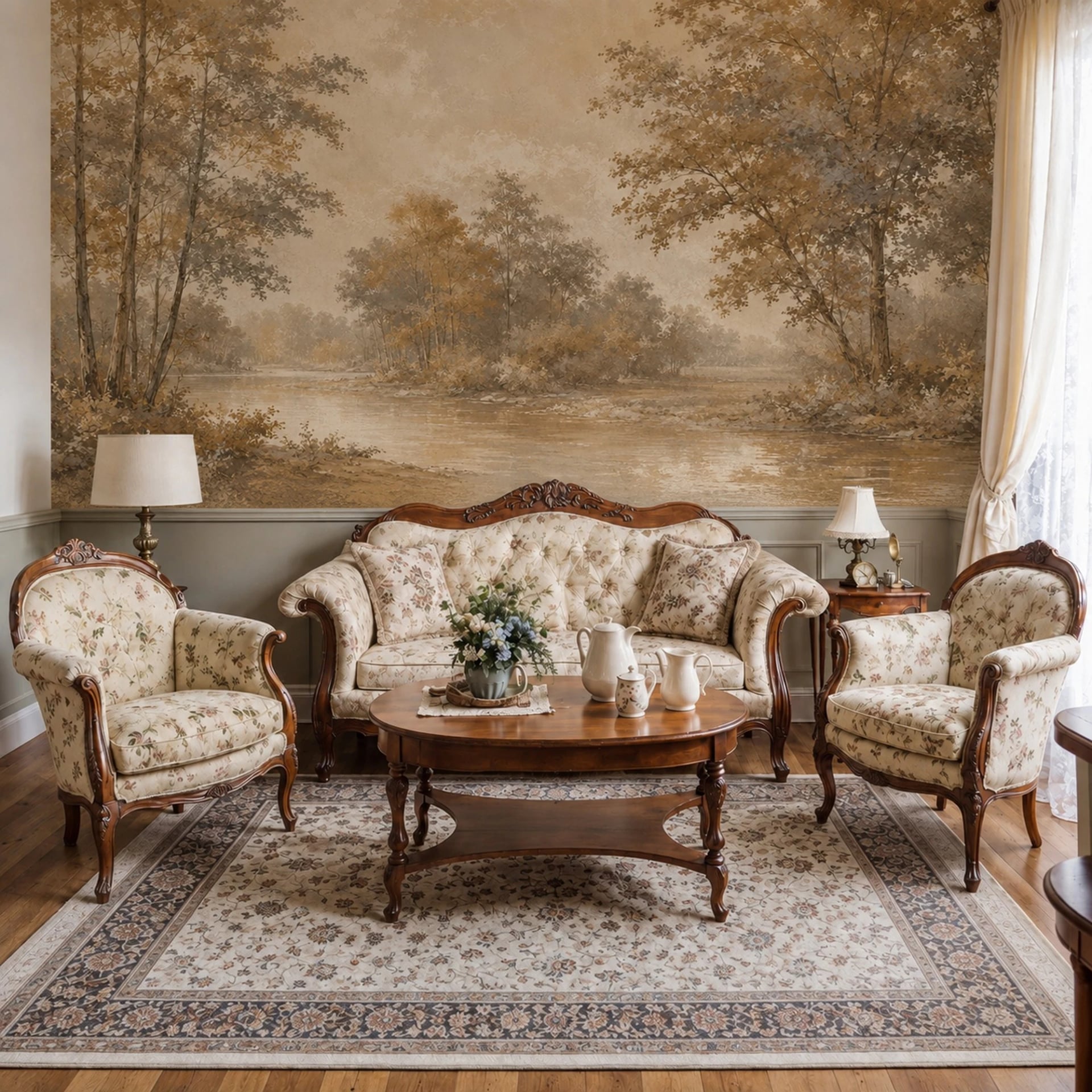 Sepia River Grove wall mural shown in a styled interior, view 2