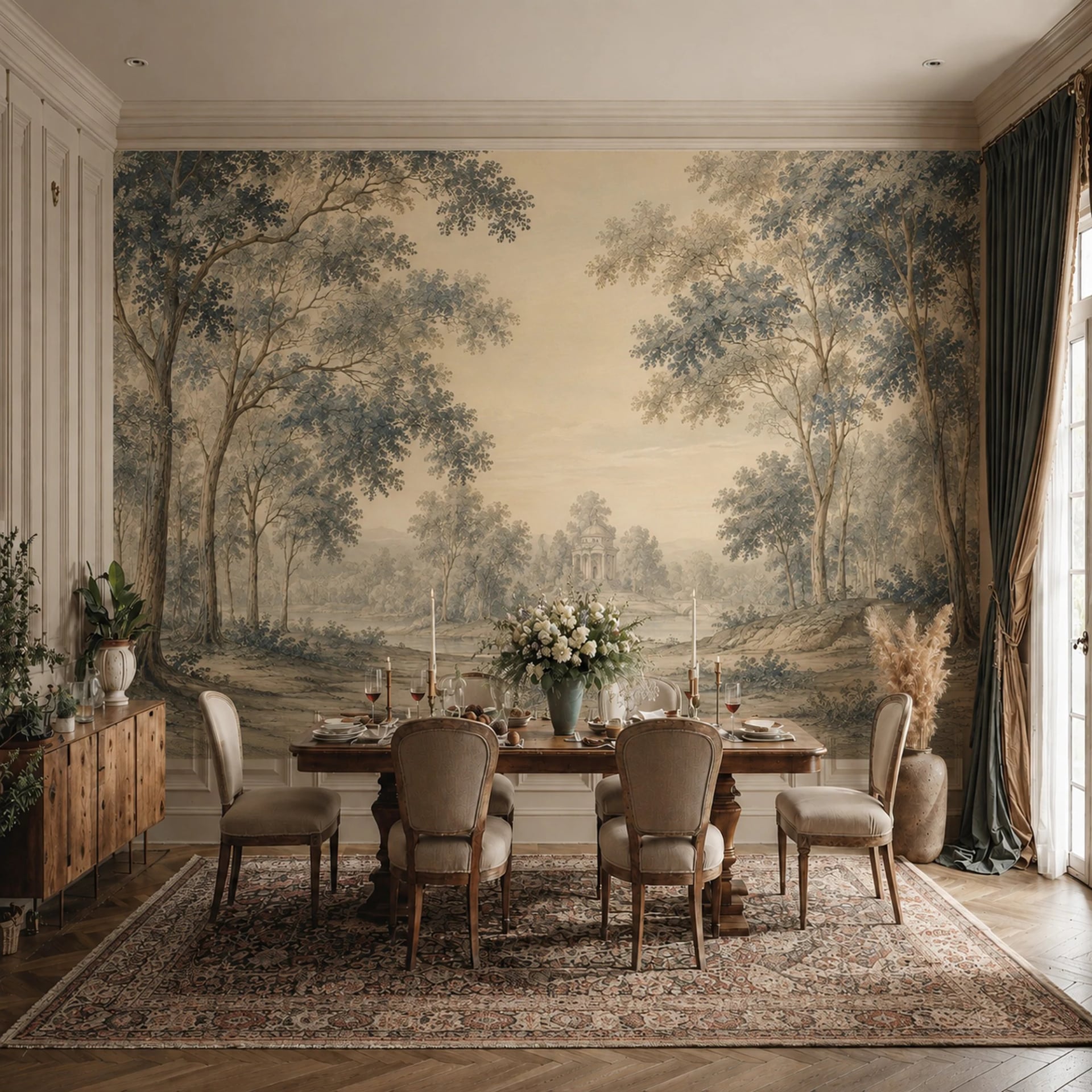Papier peint panoramique Bosquet au pavillon classique présenté dans un intérieur décoré, vue 1