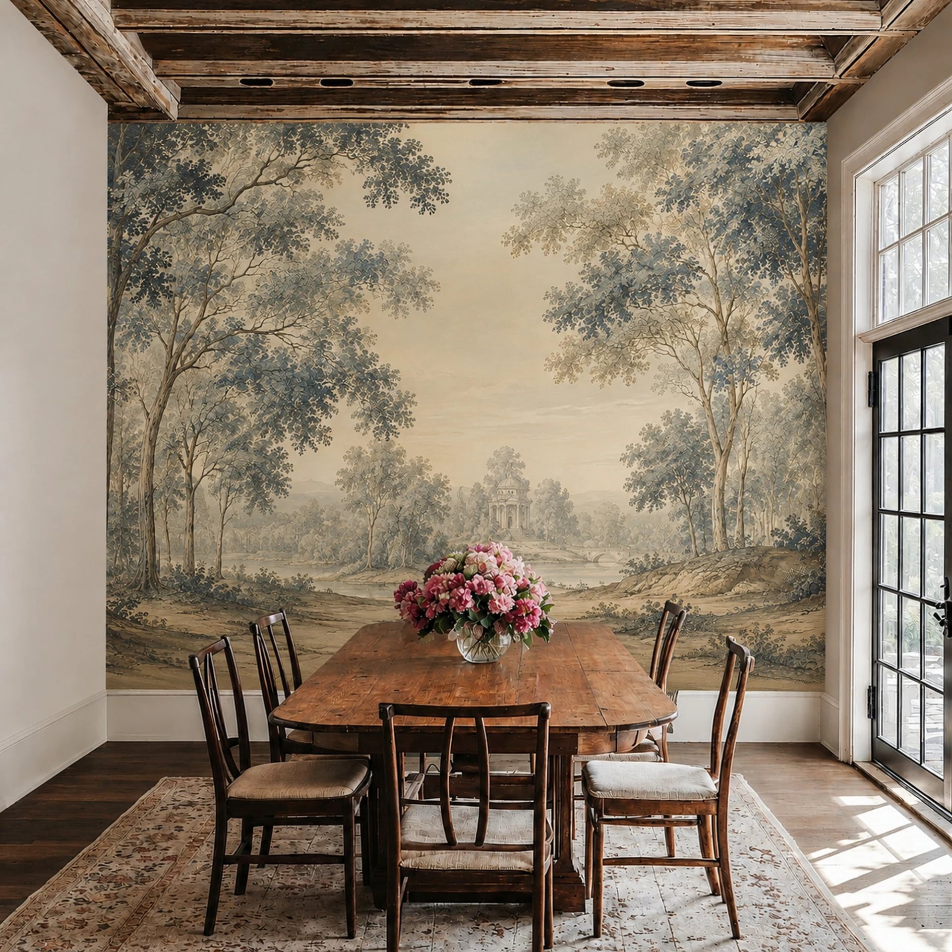 Papier peint panoramique Bosquet au pavillon classique présenté dans un intérieur décoré, vue 2