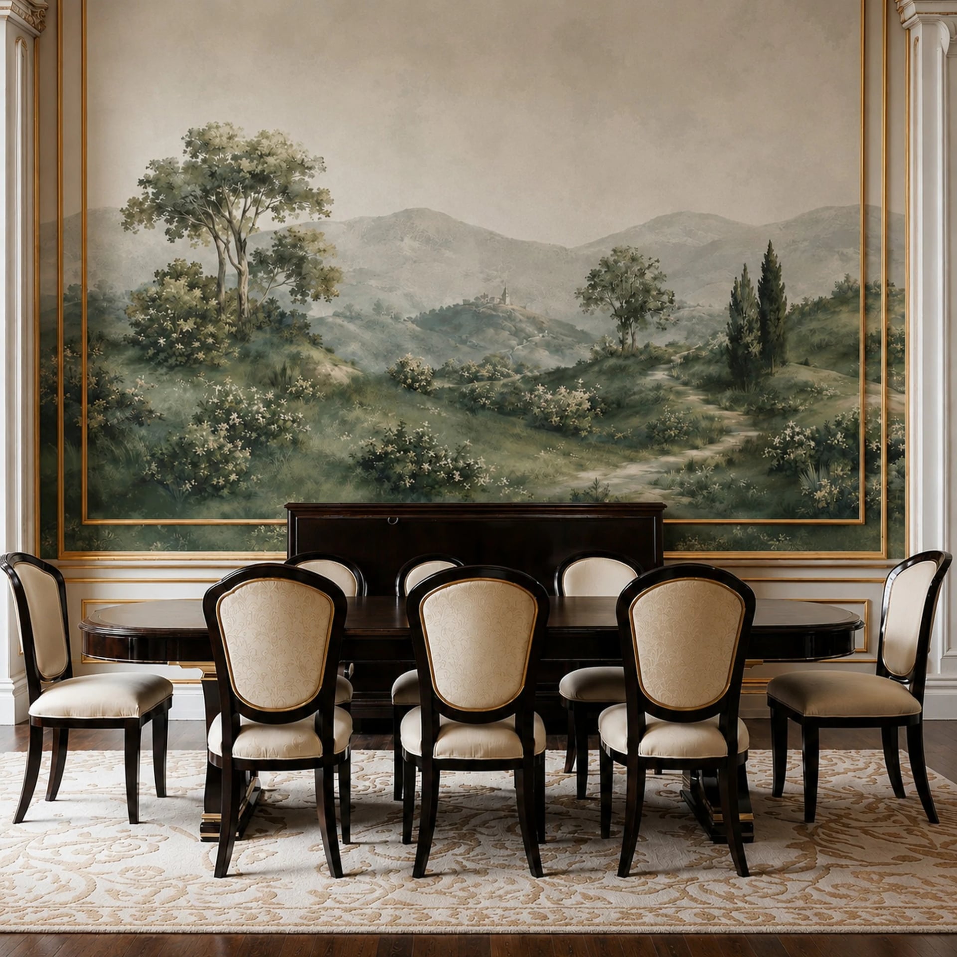 Papier peint panoramique Vue sur les collines toscanes présenté dans un intérieur décoré, vue 2