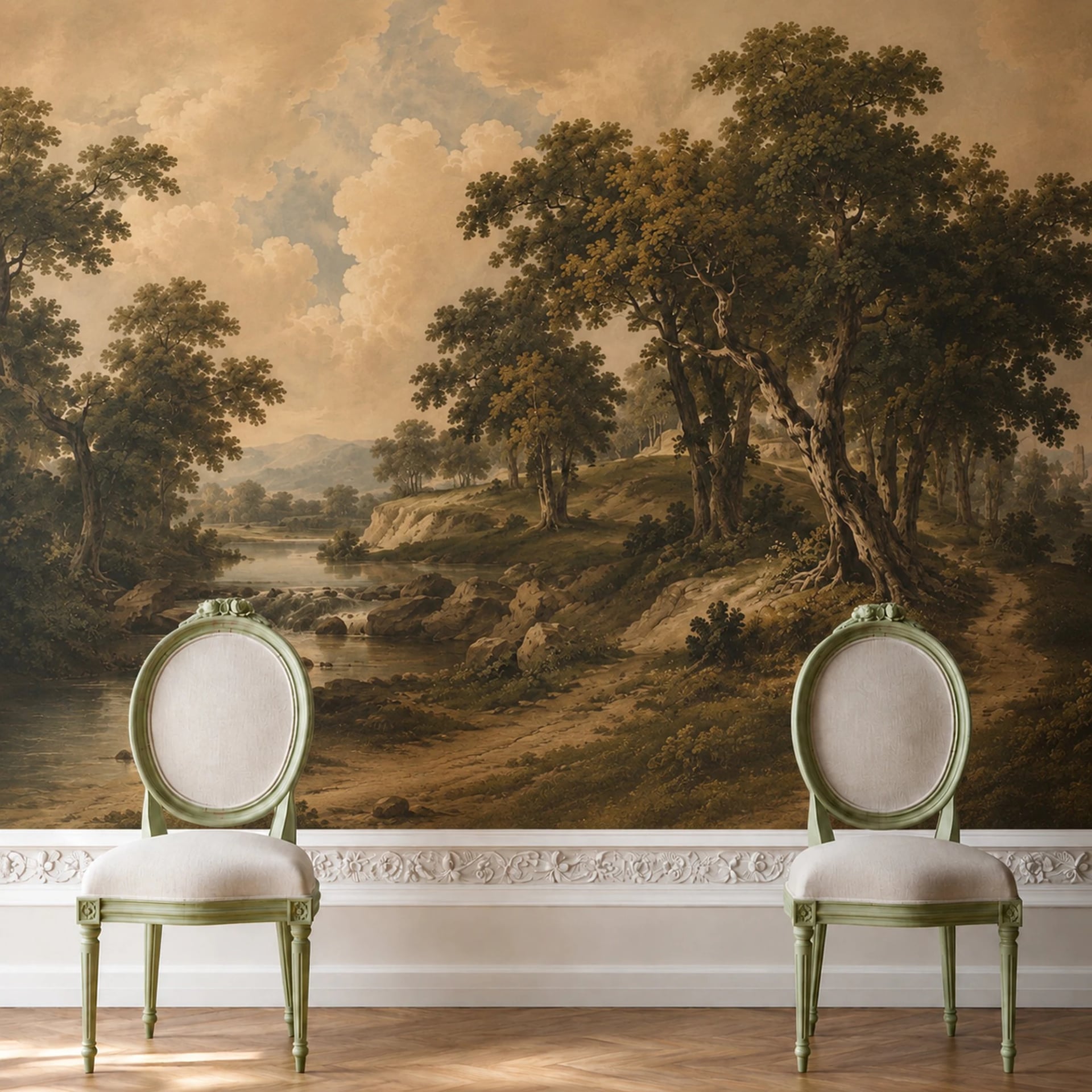 Pastoral River Cascade wall mural shown in a styled interior, view 2