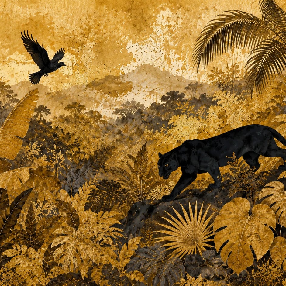 Nahaufnahme des Kunstwerks Vergoldeter Panther-Dschungel im Druckmaßstab