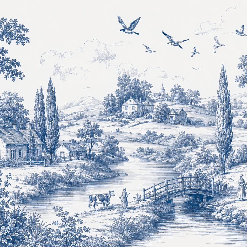 Primer plano del diseño Aldea fluvial pastoral a escala de impresión