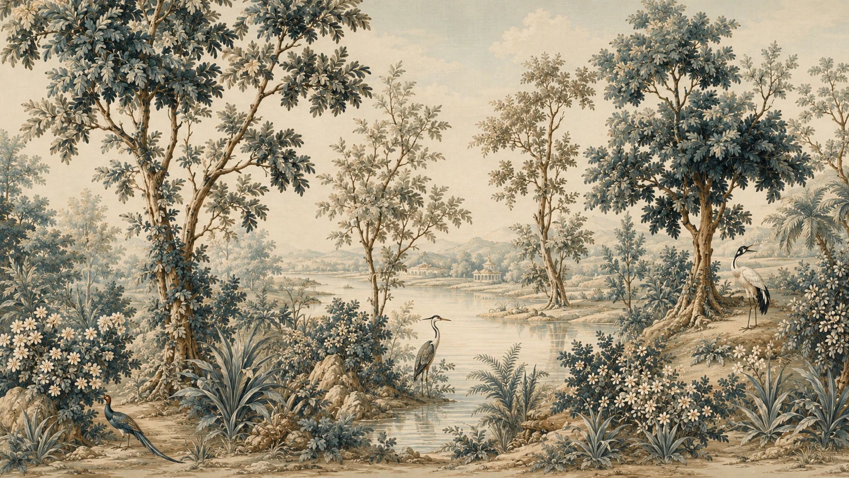 Tapisserie verdure au héron