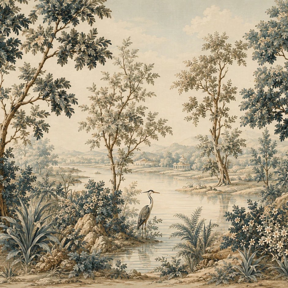 Gros plan sur le motif Tapisserie verdure au héron à l'échelle d'impression
