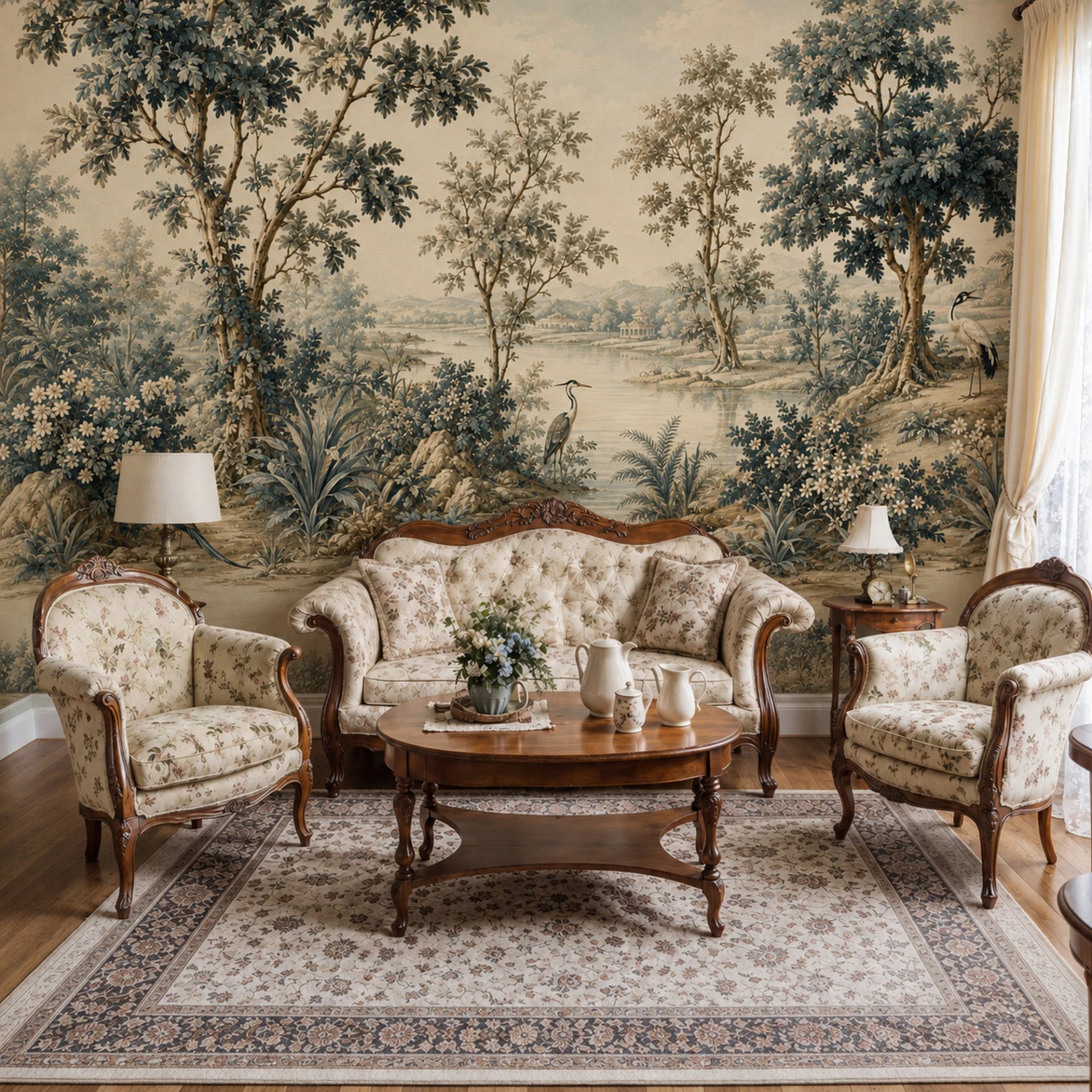 Papier peint panoramique Tapisserie verdure au héron présenté dans un intérieur décoré, vue 2