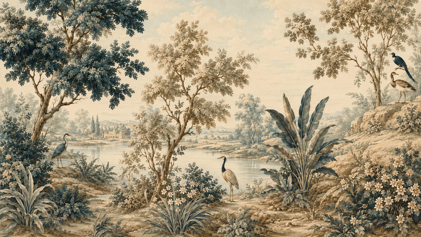 Tapisserie de verdure au héron du lac