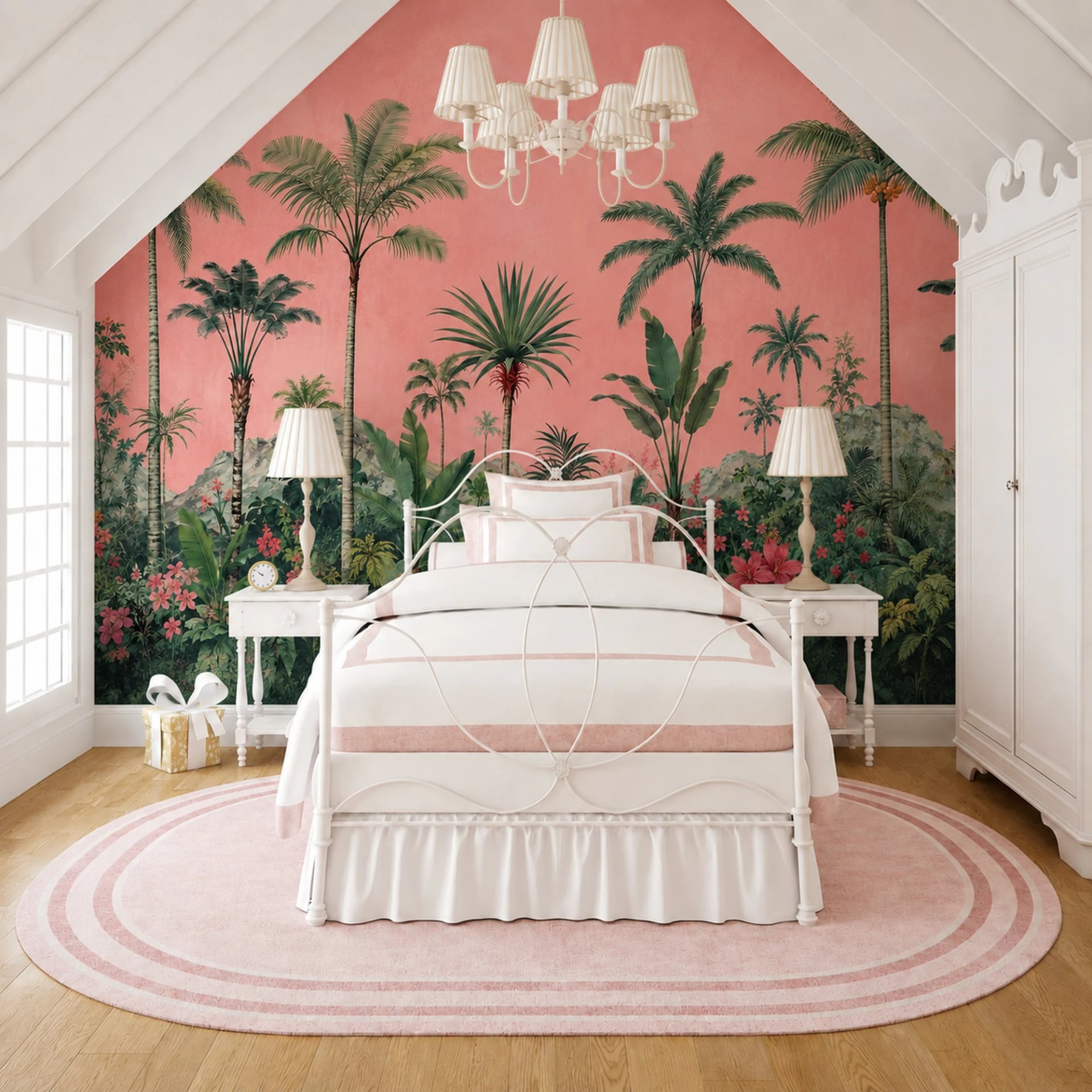 Pink Palm Oasis wall mural shown in a styled interior, view 2