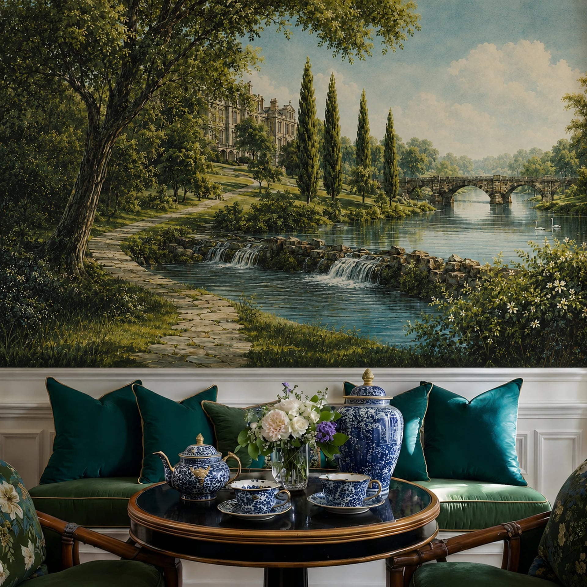 Riverside Manor Estate wall mural shown in a styled interior, view 2