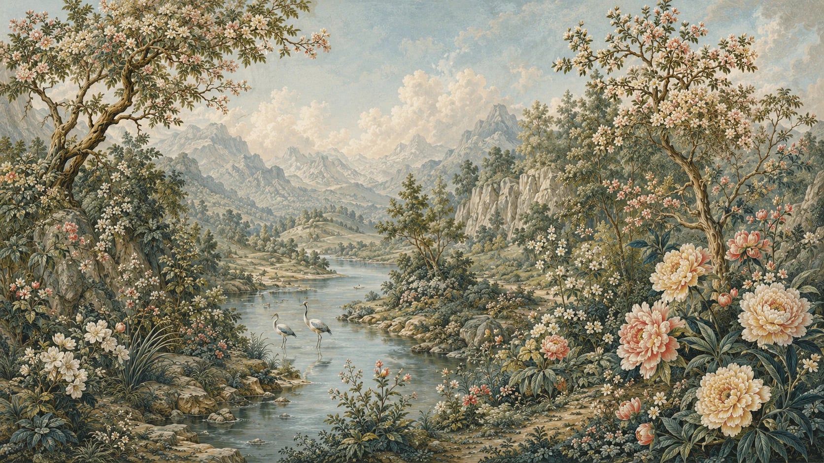 Tapisserie à la grue et rivière