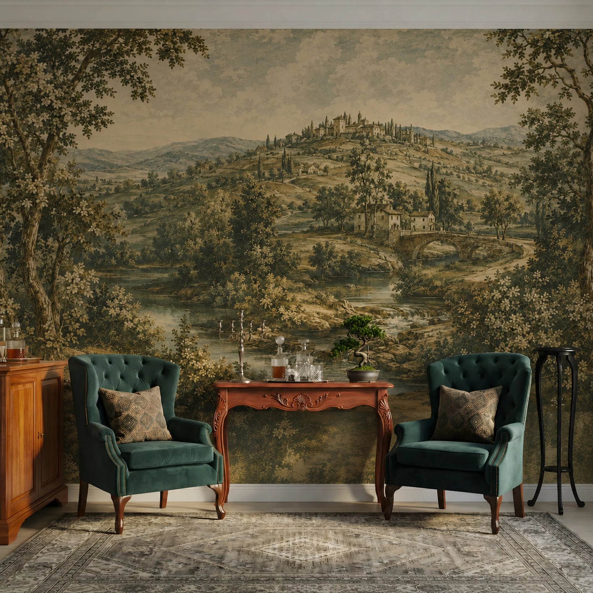 Tuscan Bridge Vista wall mural shown in a styled interior, view 2