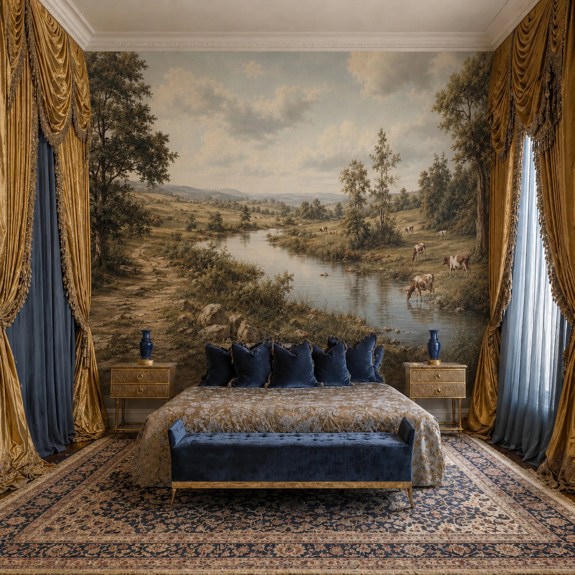 Riverbank Cattle Meadow wall mural shown in a styled interior, view 2