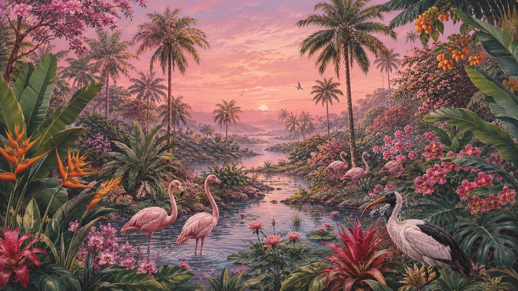 Lagune aux flamants roses au crépuscule