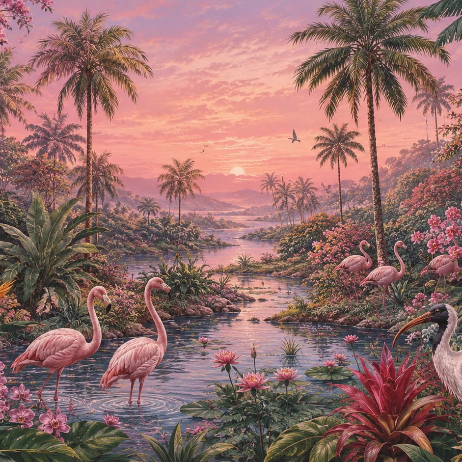 Nahaufnahme des Kunstwerks Flamingo-Lagune im Abendlicht im Druckmaßstab