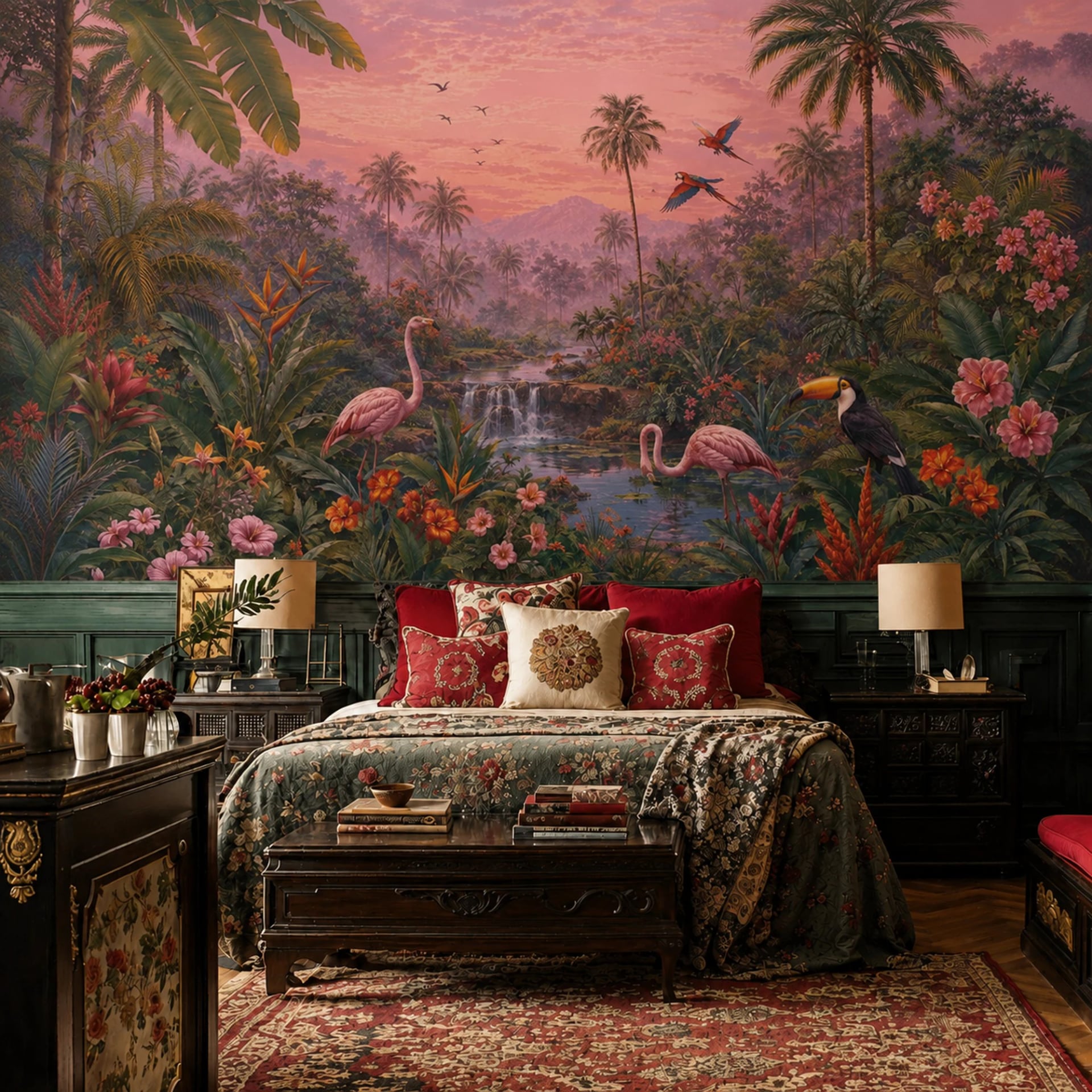 Sunset Flamingo Lagoon wall mural shown in a styled interior, view 2