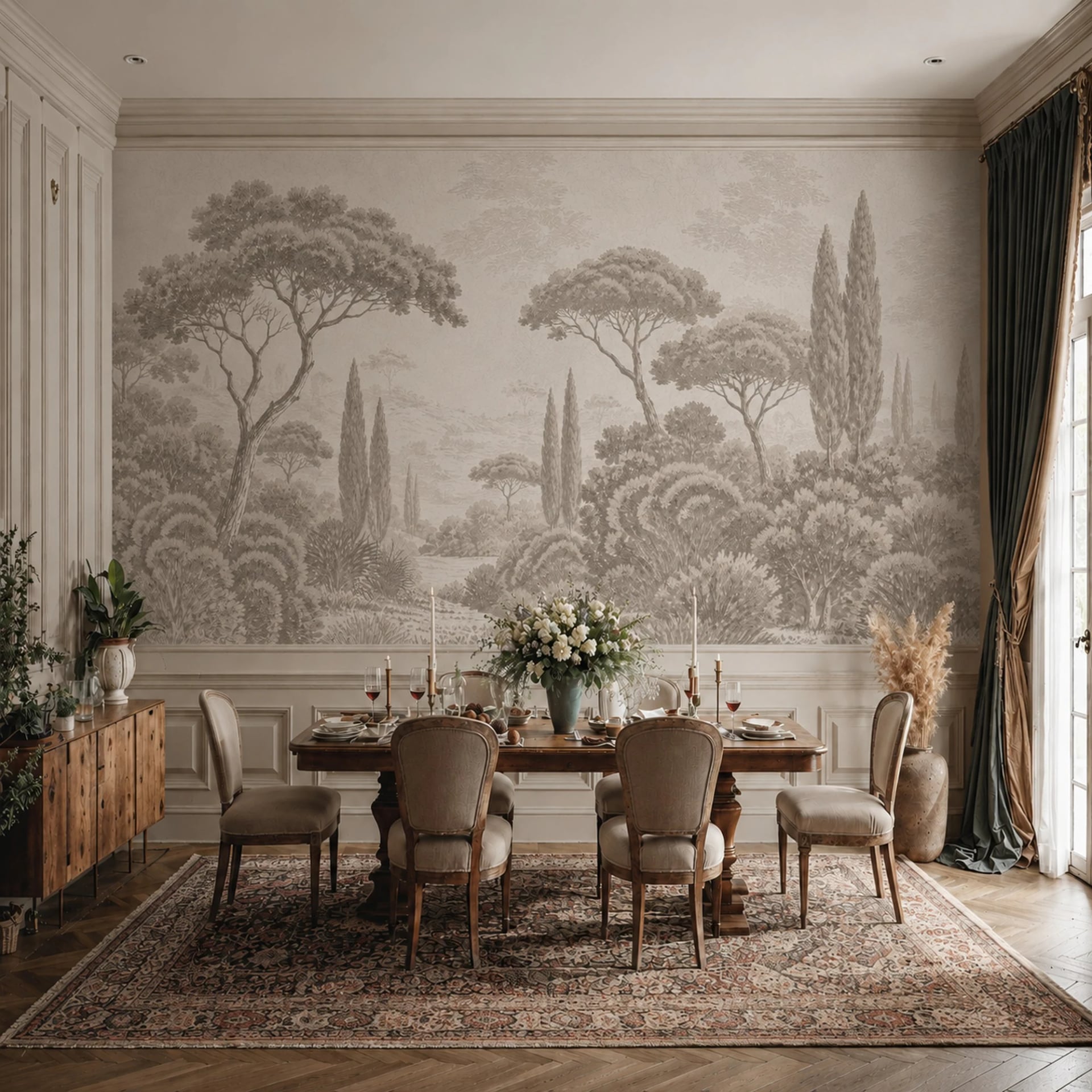 Tuscan Cypress Grove wall mural shown in a styled interior, view 2