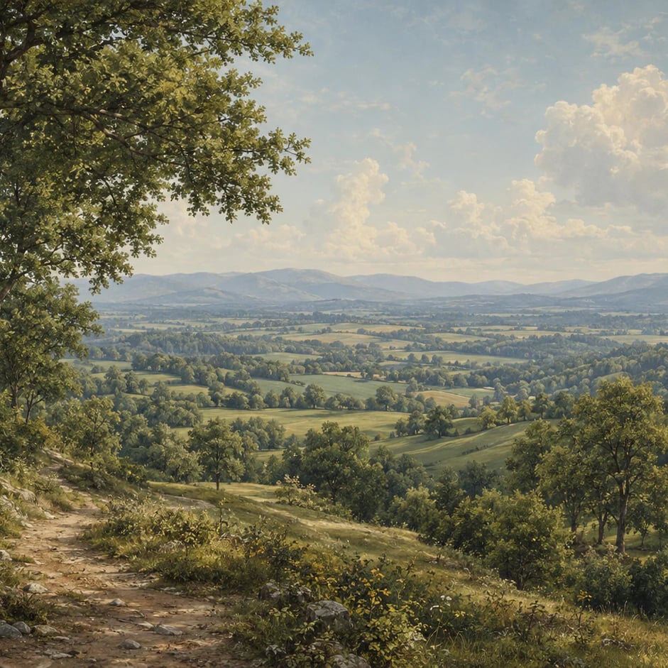 Close-up of the Pastoral Valley Path artwork at printed scale