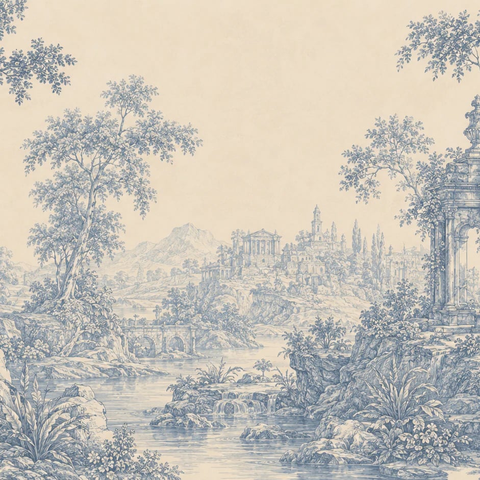 Close-up of the Classic Toile Vista artwork at printed scale