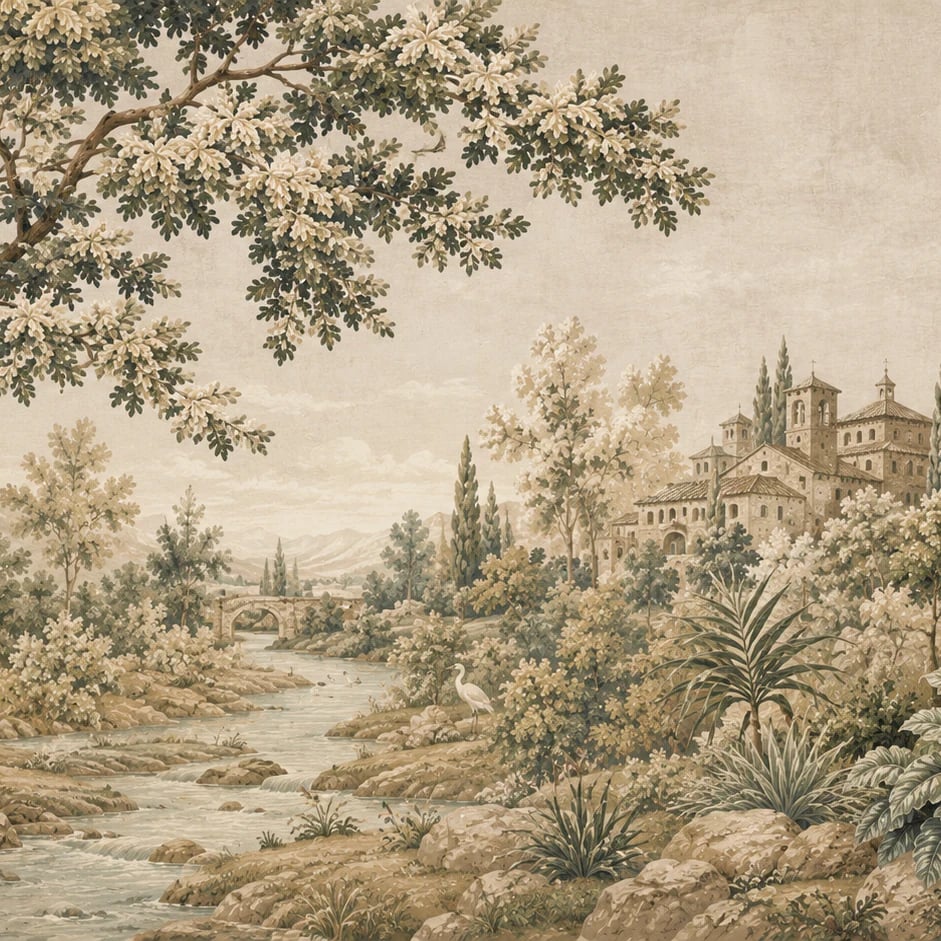 Primer plano del diseño Tapiz de villa pastoral a escala de impresión