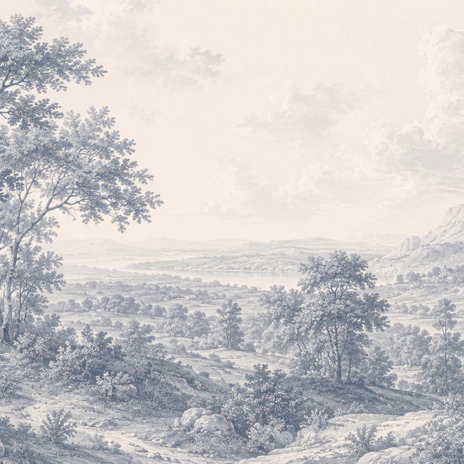 Close-up of the Blue Etched Countryside artwork at printed scale