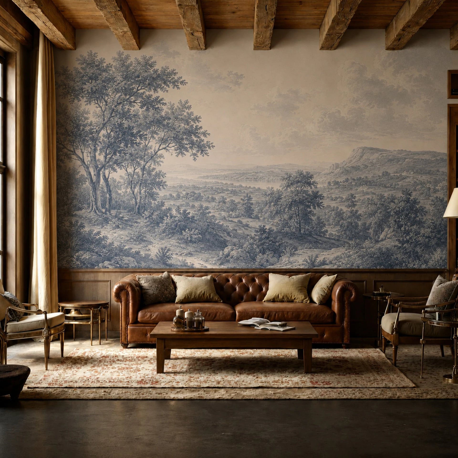 Blue Etched Countryside wall mural shown in a styled interior, view 2