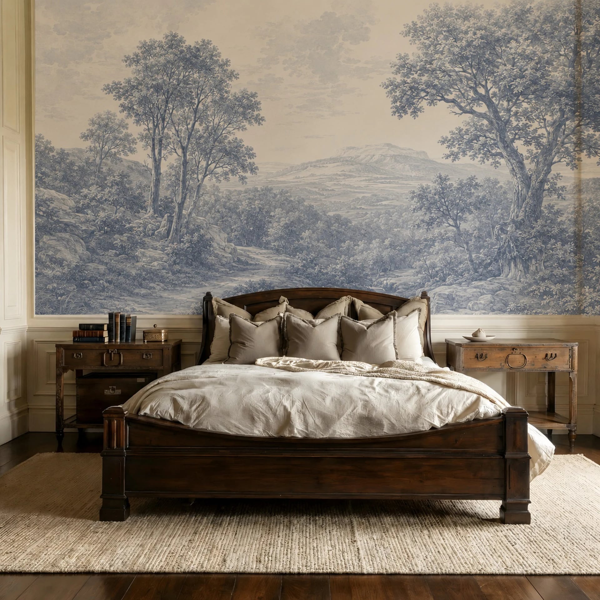 Papier peint panoramique Vue pastorale bleue présenté dans un intérieur décoré, vue 2