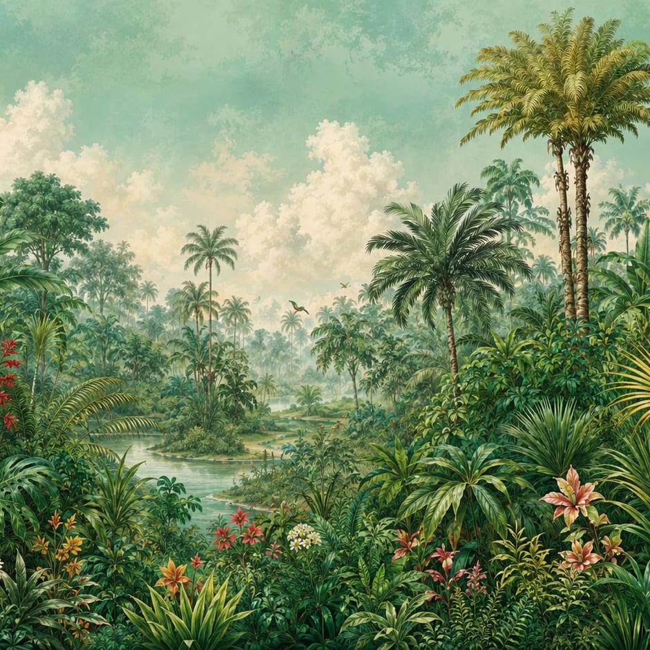 Primer plano del diseño Río de palmeras amazónicas a escala de impresión